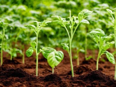A closeup shot of green plants sprouting in soil