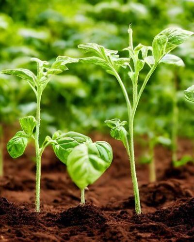 A closeup shot of green plants sprouting in soil